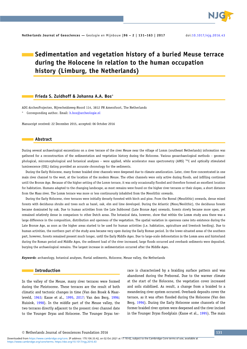 Sedimentation and Vegetation History of a Buried Meuse Terrace During the Holocene in Relation to the Human Occupation History (Limburg, the Netherlands)