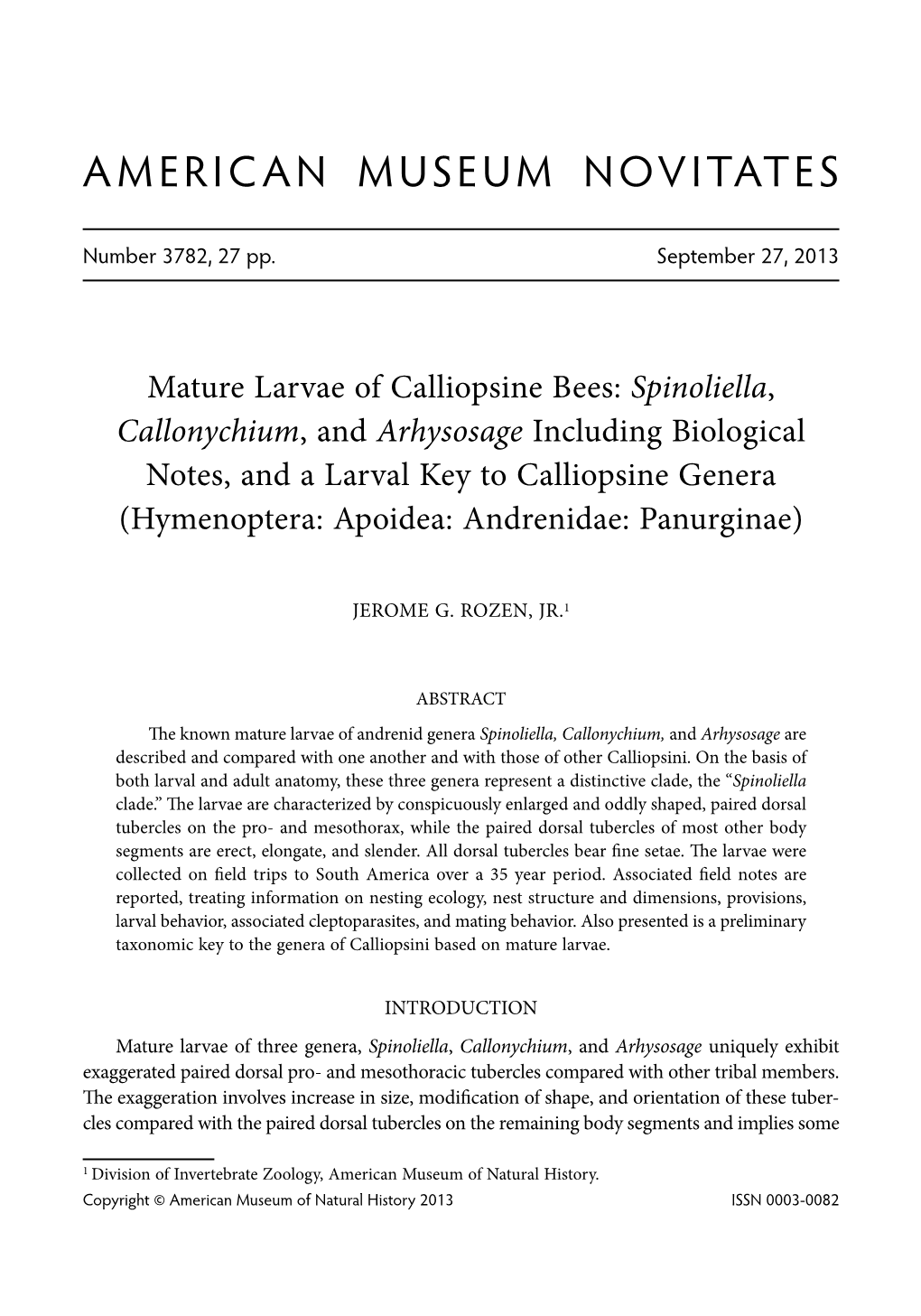 Mature Larvae of Calliopsine Bees: Spinoliella, Callonychium, And