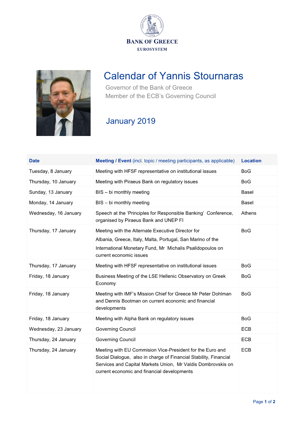 Calendar of Yannis Stournaras Governor of the Bank of Greece Member of the ECB’S Governing Council