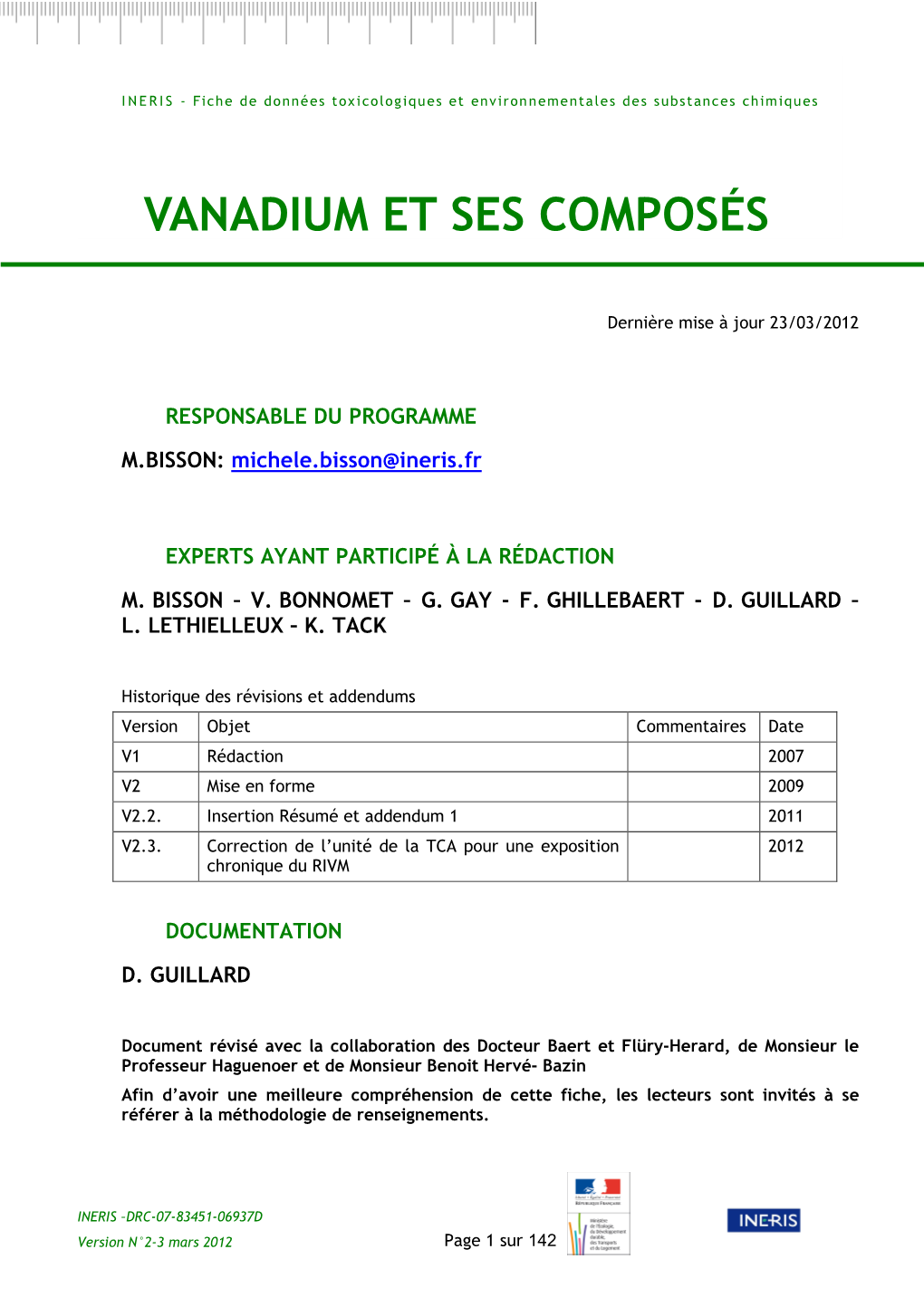 Vanadium Et Ses Composés Conversion (Cf 1.1 Identification/ Non Concerné (Dans L'air À 20 °C) Caractérisation