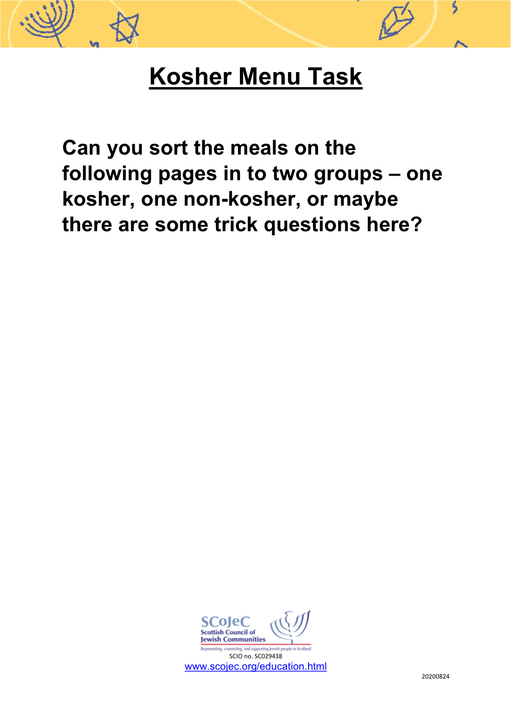 Kosher Menu Activity