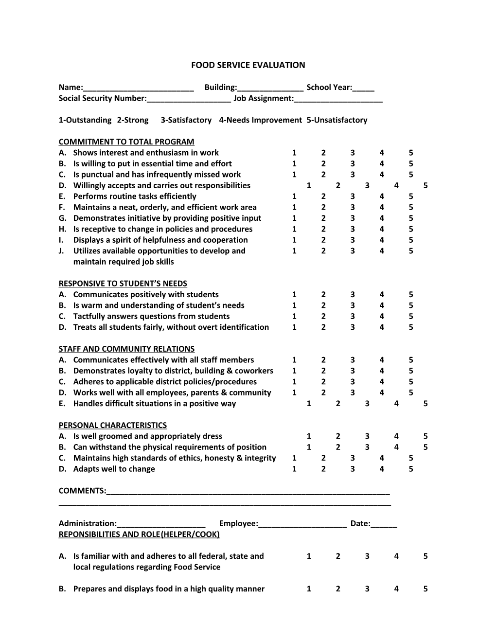 Food Service Evaluation