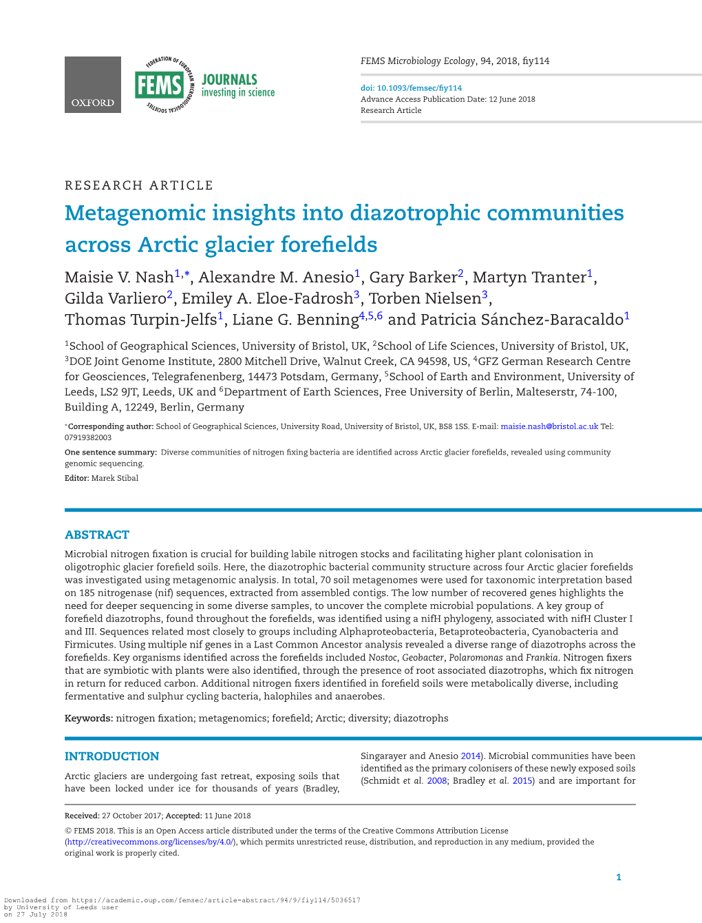 Metagenomic Insights Into Diazotrophic Communities Across Arctic Glacier Forefields Maisie V