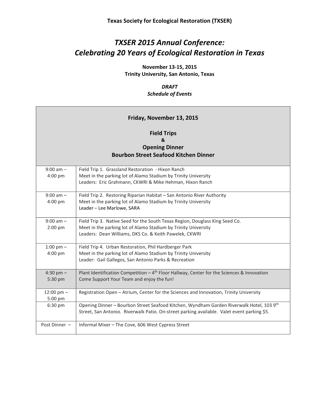 TXSER 2015 Annual Conference: Celebrating 20 Years of Ecological Restoration in Texas