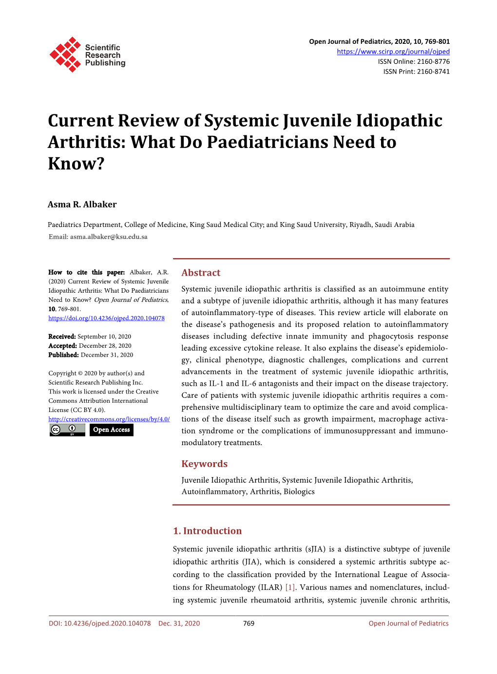 Current Review of Systemic Juvenile Idiopathic Arthritis: What Do Paediatricians Need to Know?