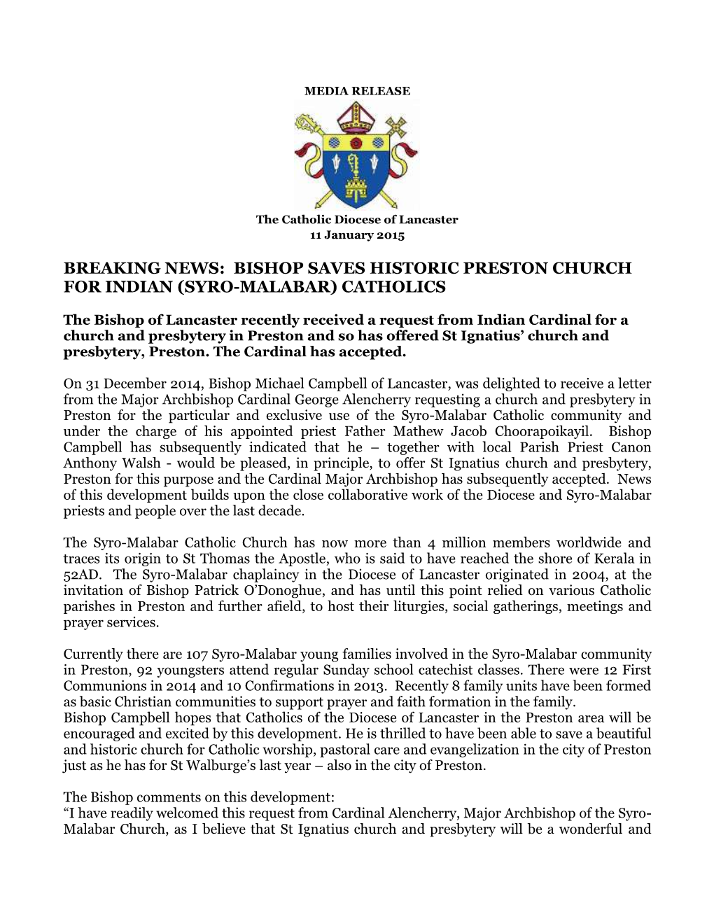 Bishop Saves Historic Preston Church for Indian (Syro-Malabar) Catholics