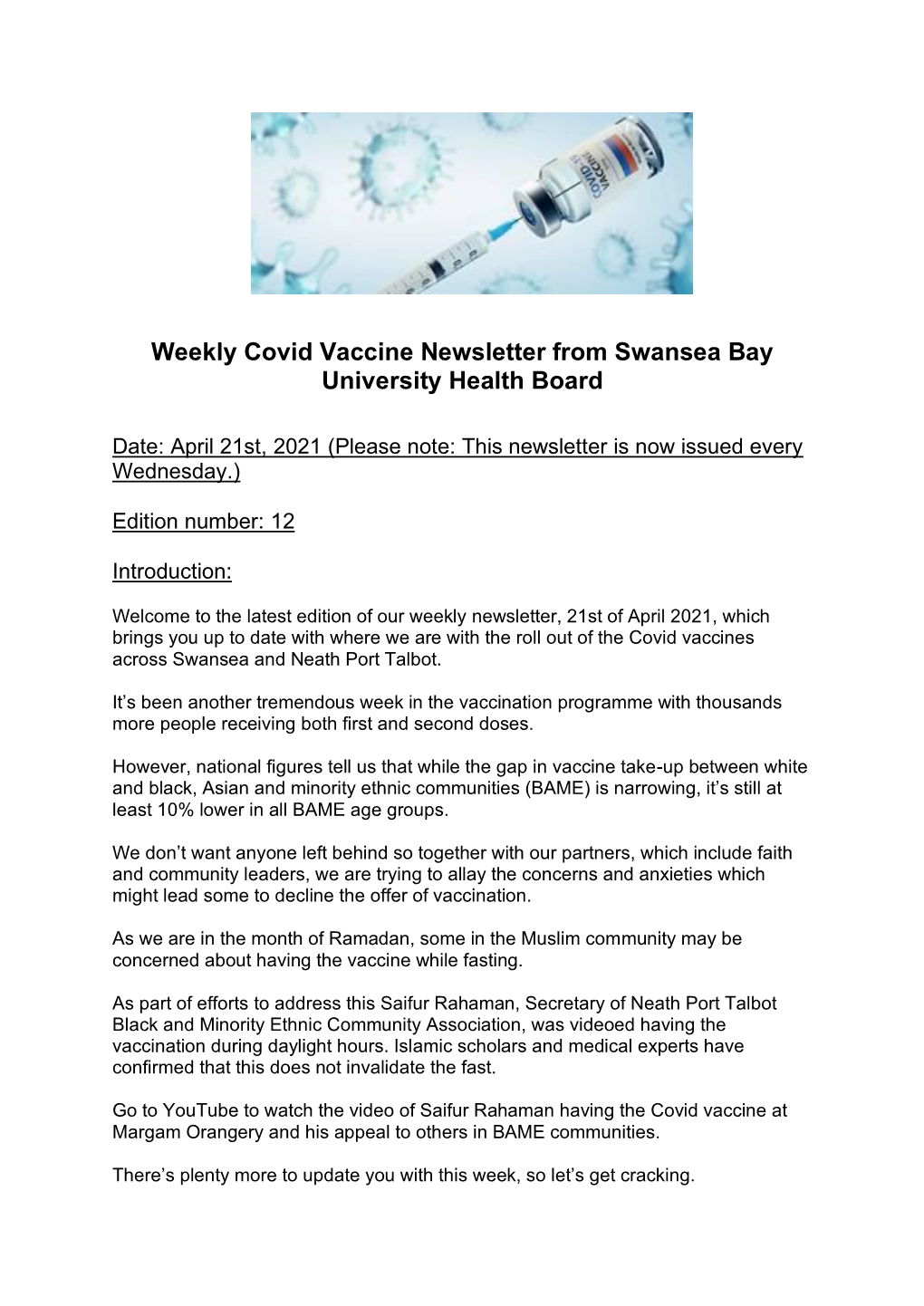 Weekly Covid Vaccine Newsletter from Swansea Bay University Health Board