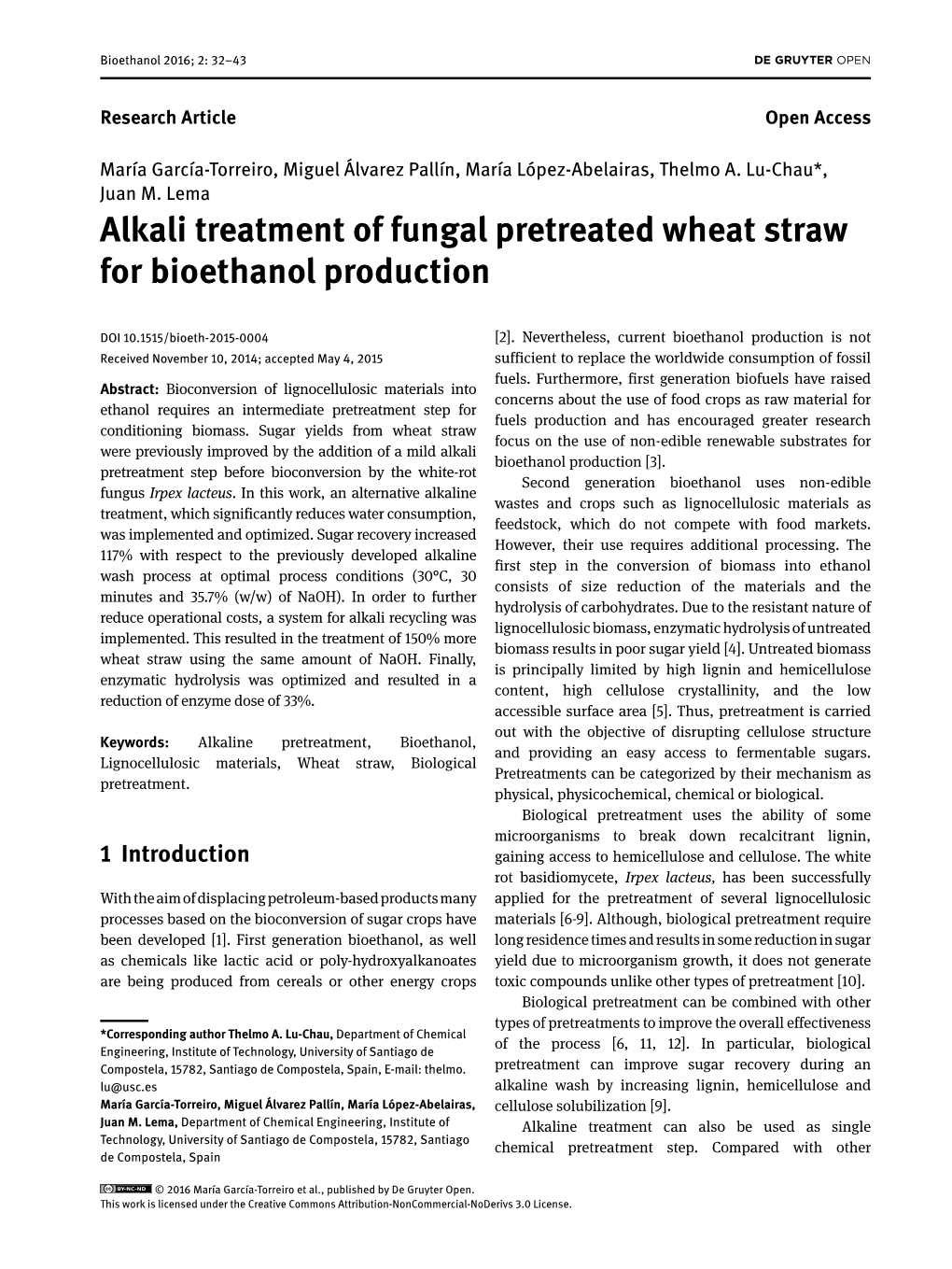 Alkali Treatment of Fungal Pretreated Wheat Straw for Bioethanol Production