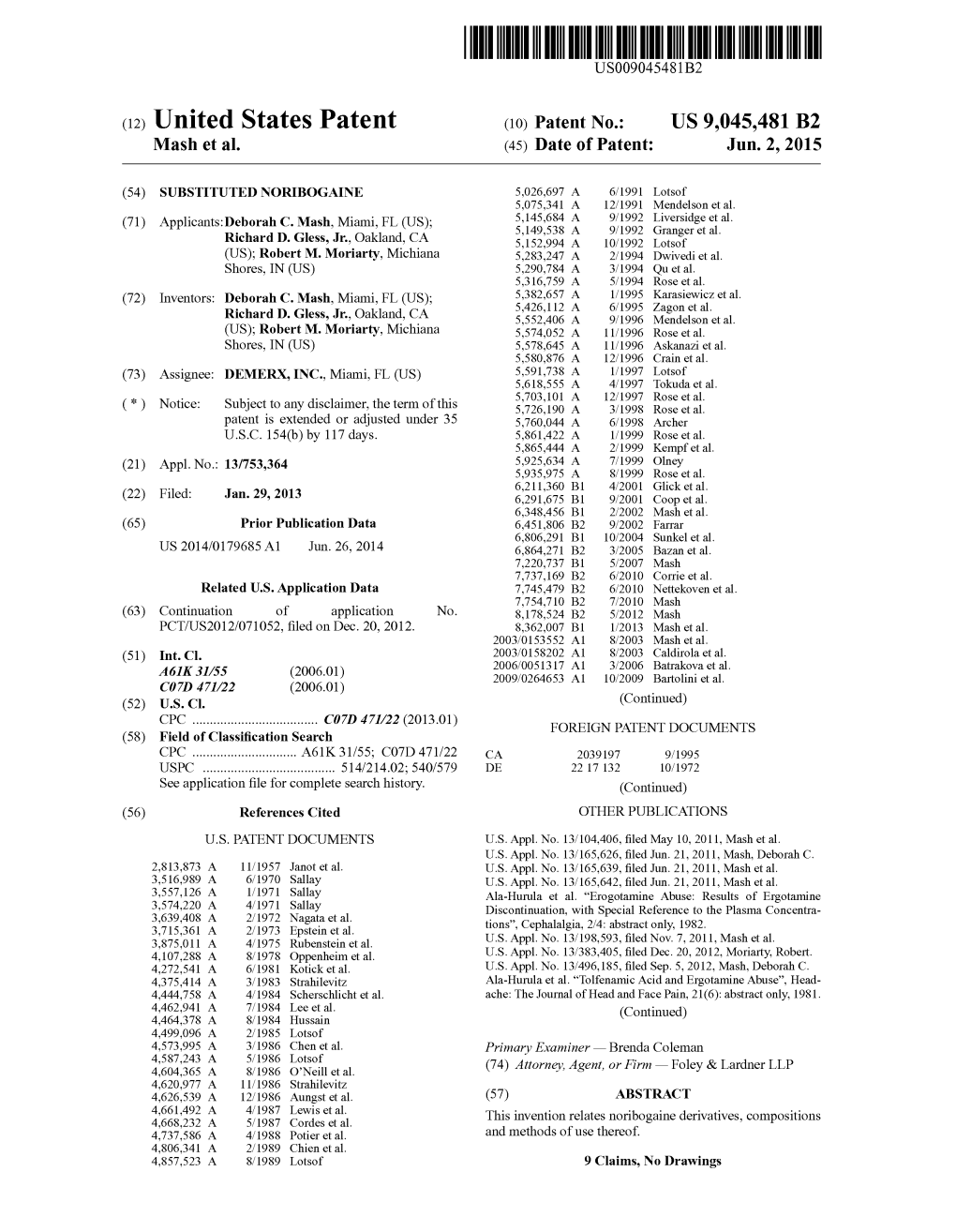 (12) United States Patent (10) Patent No.: US 9,045,481 B2 Mash Et Al