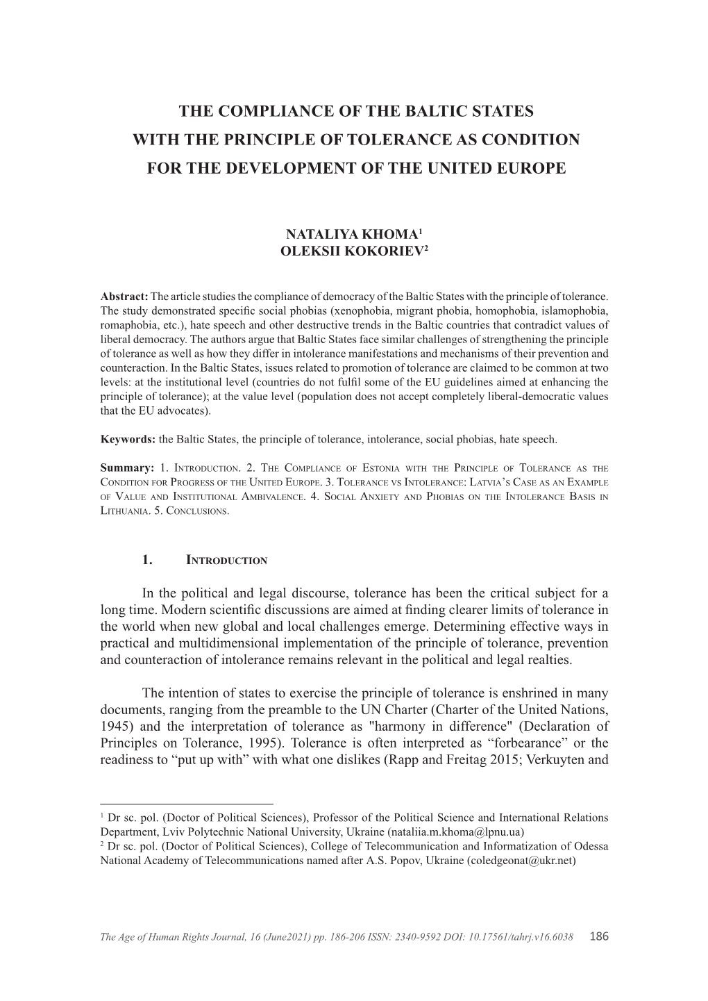 The Compliance of the Baltic States with the Principle of Tolerance As Condition for the Development of the United Europe