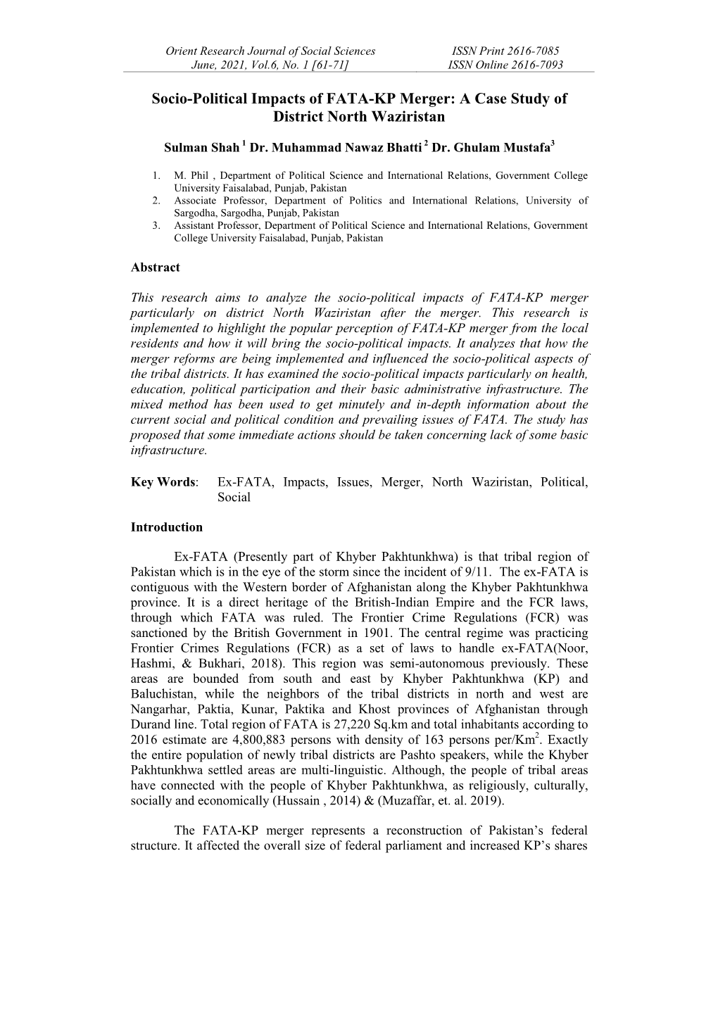 Socio-Political Impacts of FATA-KP Merger: a Case Study of District North Waziristan