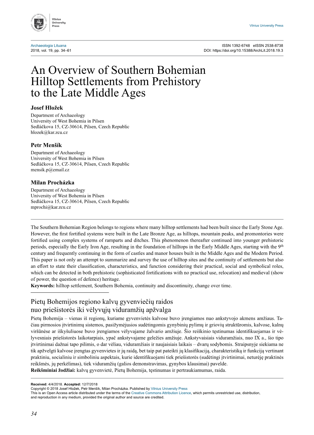 An Overview of Southern Bohemian Hilltop Settlements from Prehistory to the Late Middle Ages
