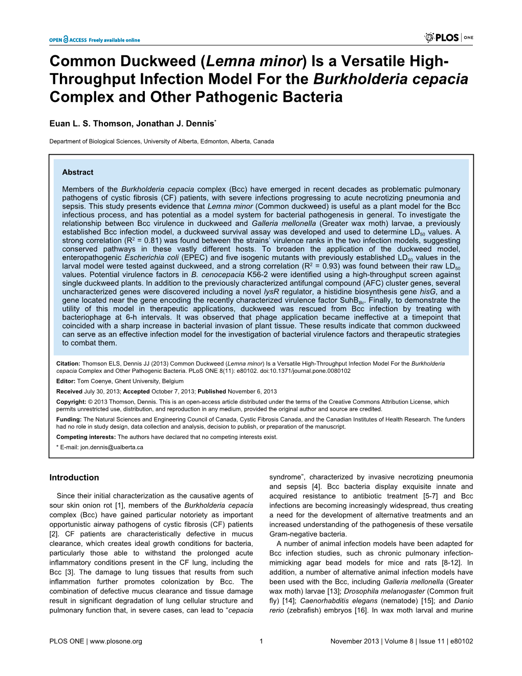 Common Duckweed (Lemna Minor) Is a Versatile High- Throughput Infection Model for the Burkholderia Cepacia Complex and Other Pathogenic Bacteria