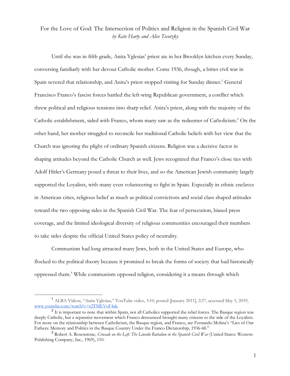 For the Love of God: the Intersection of Politics and Religion in the Spanish Civil War by Kate Harty and Alice Tecotzky