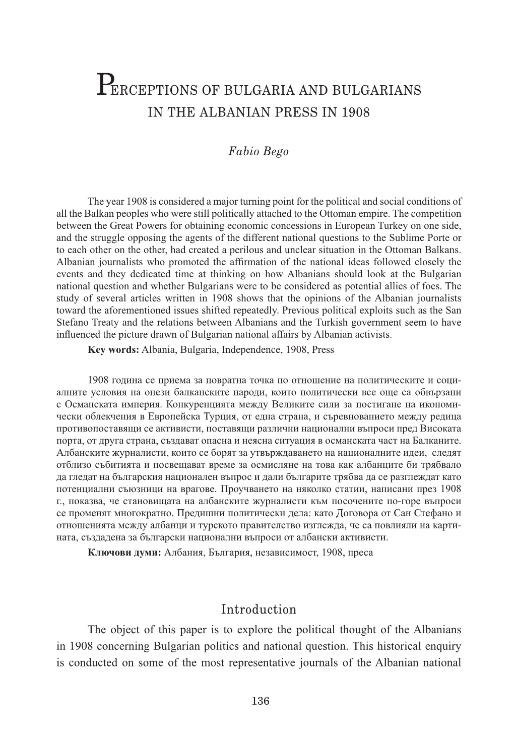 Perceptions of Bulgaria and Bulgarians in the Albanian Press in 1908