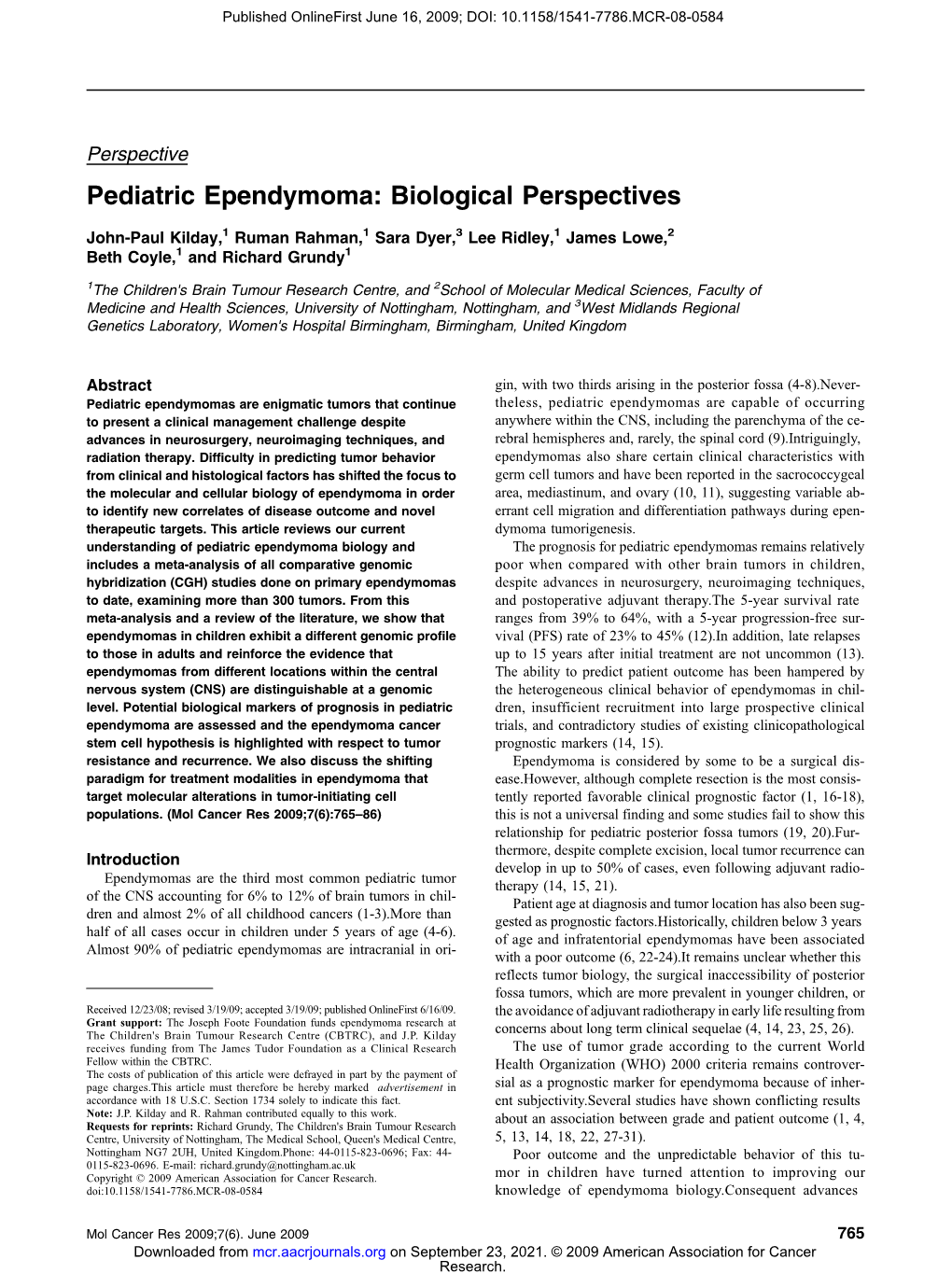 Pediatric Ependymoma: Biological Perspectives