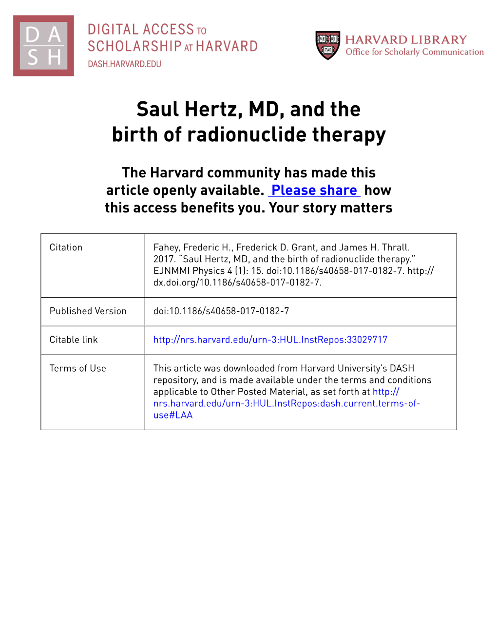 Saul Hertz, MD, and the Birth of Radionuclide Therapy