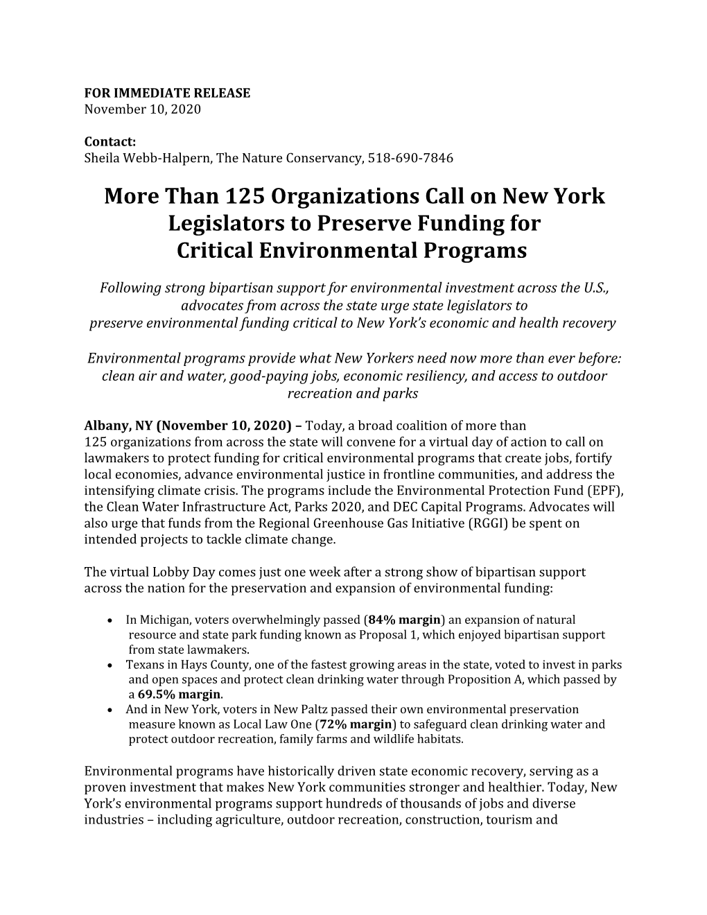 More Than 125 Organizations Call on New York Legislators to Preserve Funding for Critical Environmental Programs