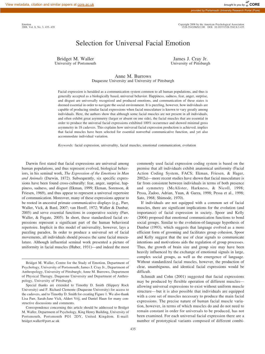 Selection for Universal Facial Emotion