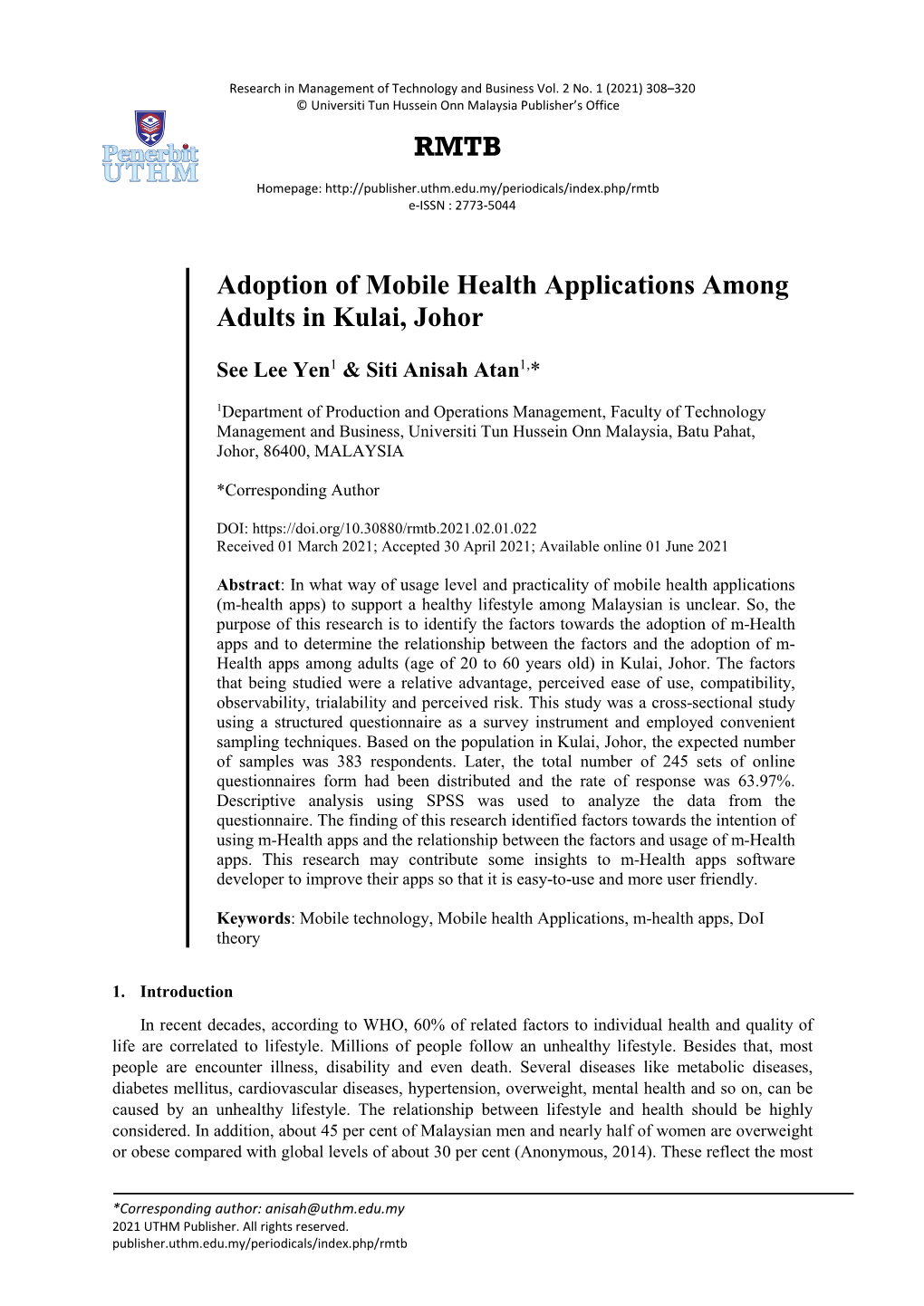 RMTB Adoption of Mobile Health Applications Among Adults in Kulai