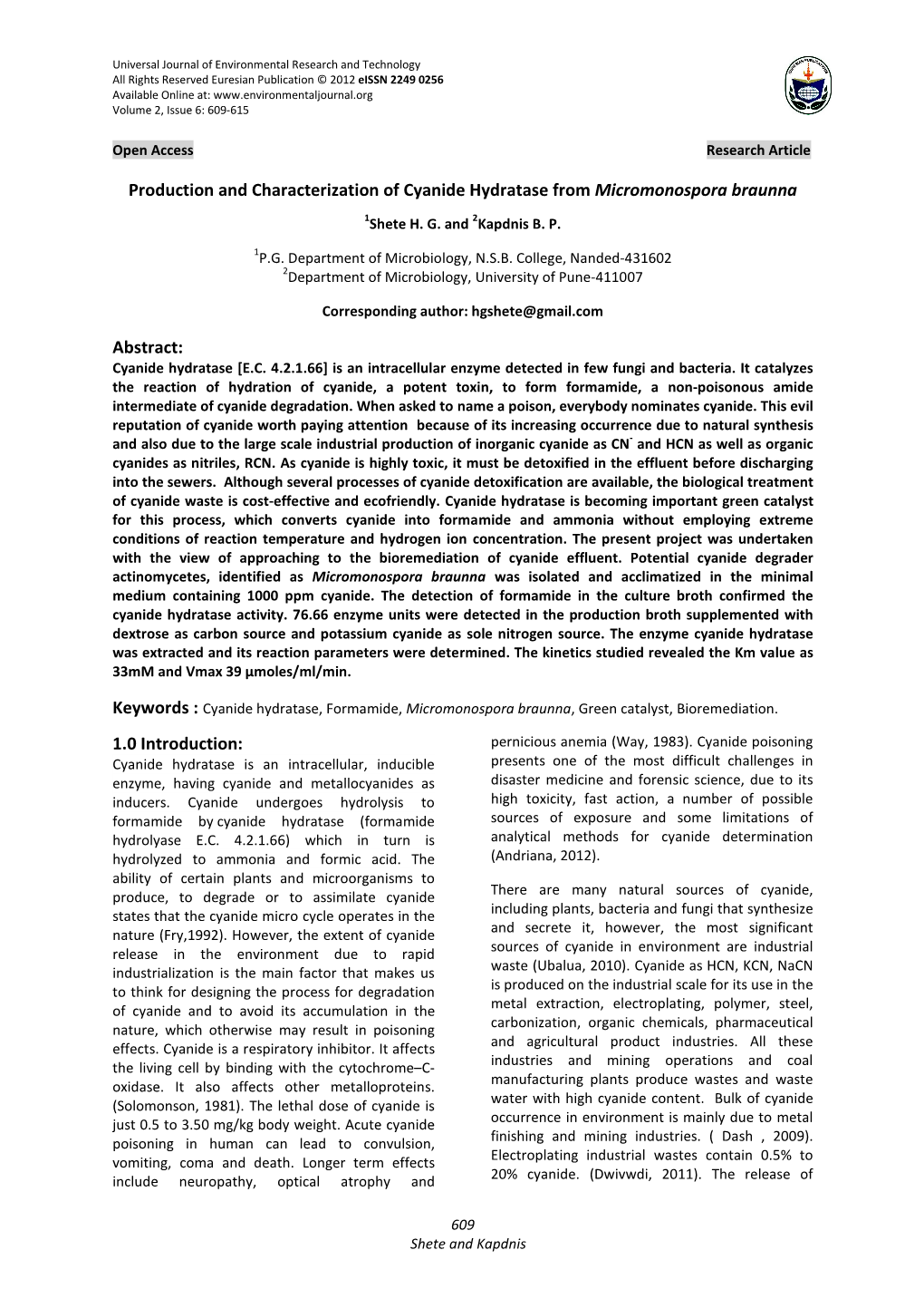 Production and Characterization of Cyanide Hydratase from Micromonospora Braunna