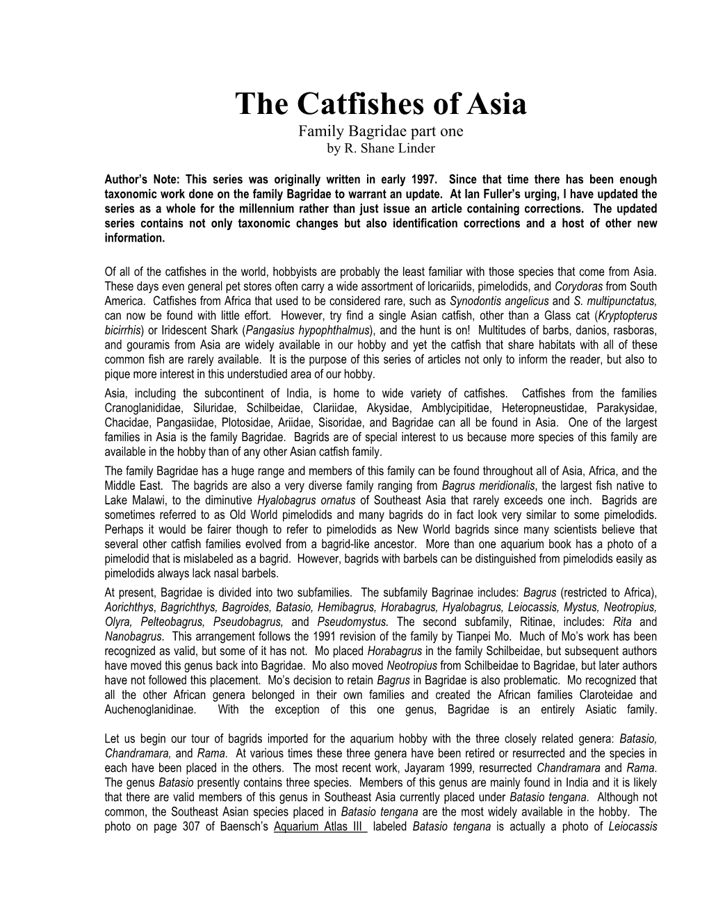 The Catfishes of Asia Family Bagridae Part One by R