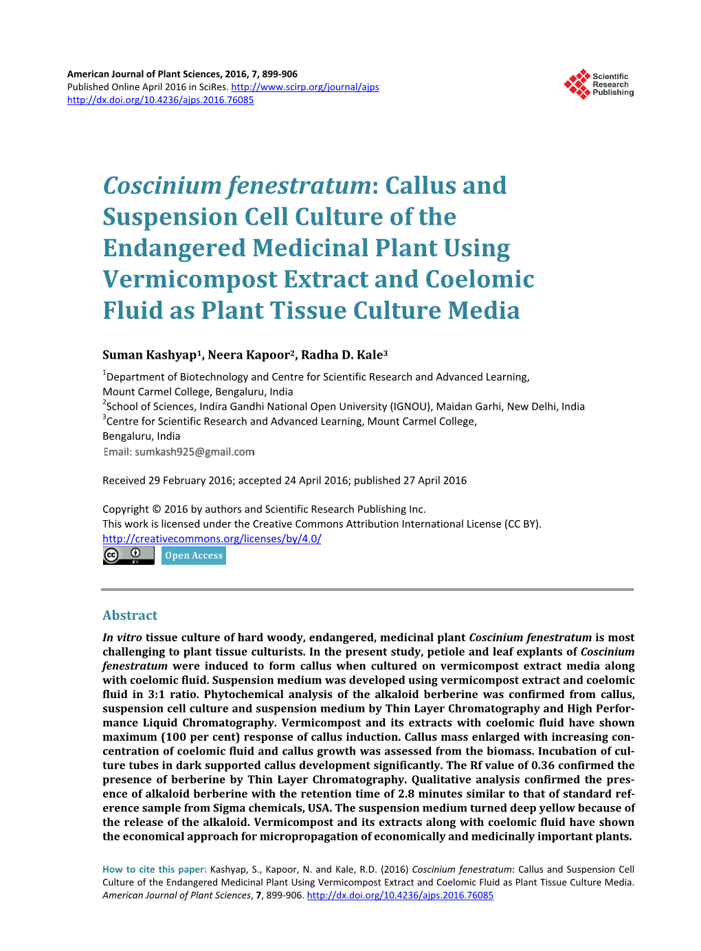 Coscinium Fenestratum: Callus and Suspension Cell Culture of The