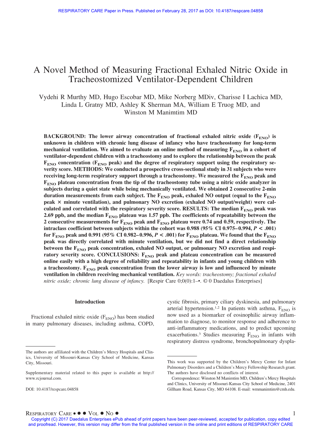 A Novel Method of Measuring Fractional Exhaled Nitric Oxide in Tracheostomized Ventilator-Dependent Children