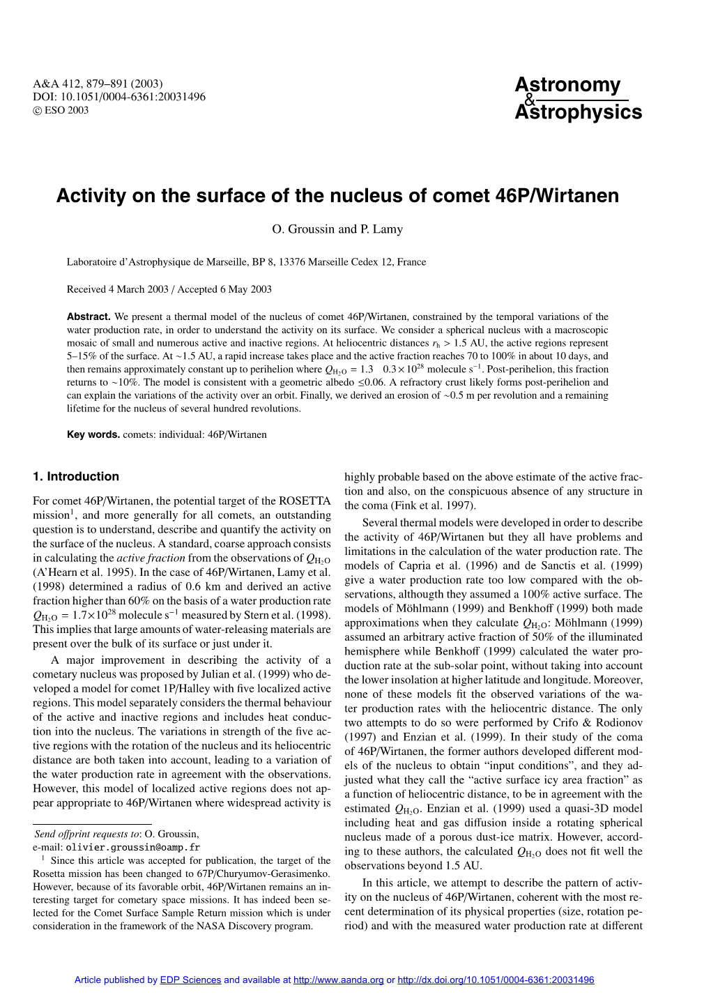 Activity on the Surface of the Nucleus of Comet 46P/Wirtanen