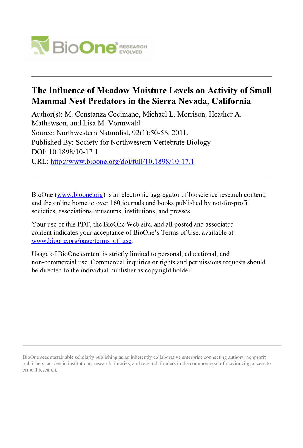 The Influence of Meadow Moisture Levels on Activity of Small Mammal Nest Predators in the Sierra Nevada, California Author(S): M