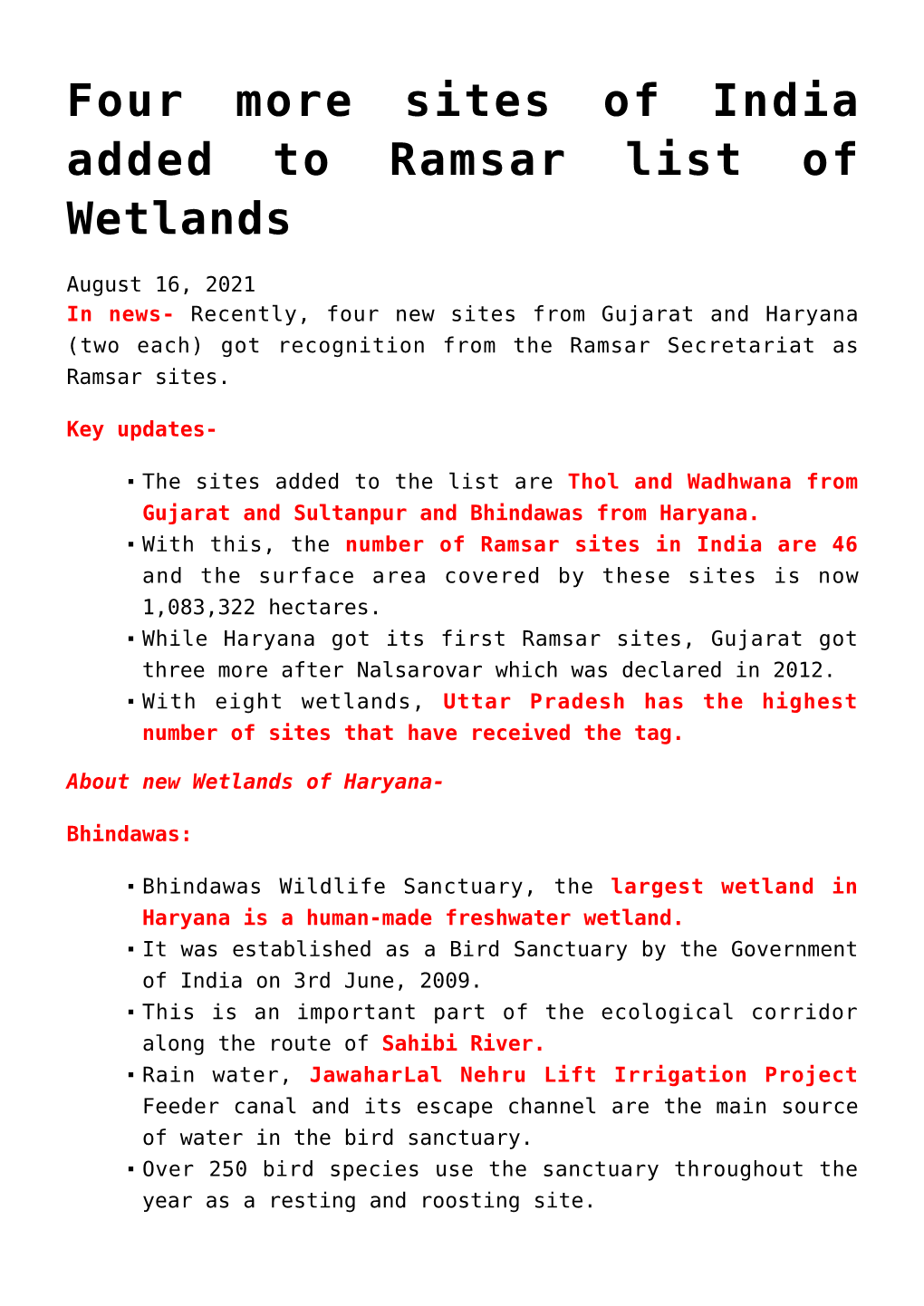 Four More Sites of India Added to Ramsar List of Wetlands