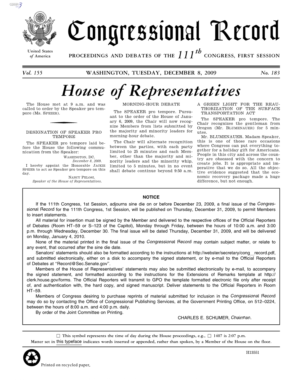 Congressional Record United States Th of America PROCEEDINGS and DEBATES of the 111 CONGRESS, FIRST SESSION