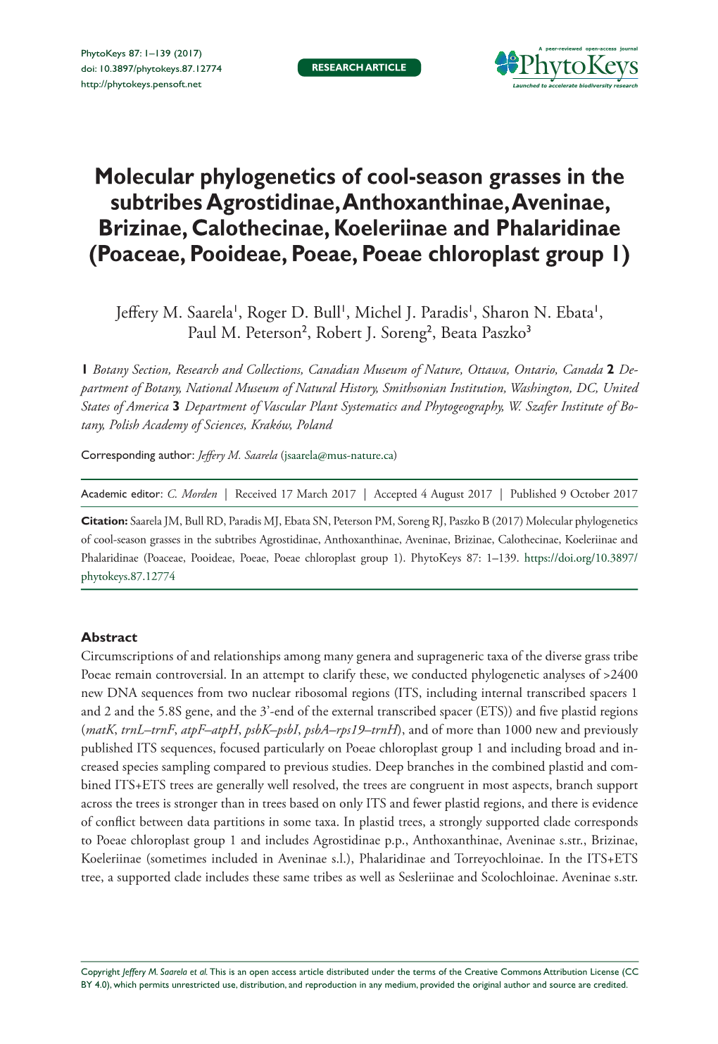 ﻿Molecular Phylogenetics of Cool-Season Grasses in the Subtribes Agrostidinae, Anthoxanthinae, Aveninae, Brizinae, Calothecina