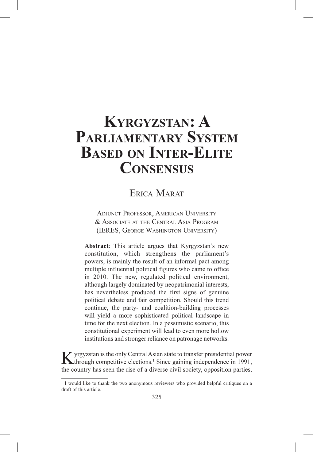 Kyrgyzstan: a Parliamentary System Based on Inter-Elite Consensus