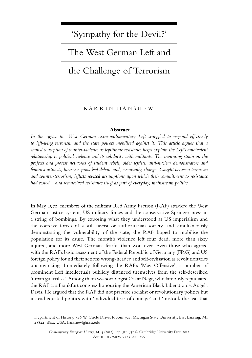 The West German Left and the Challenge of Terrorism