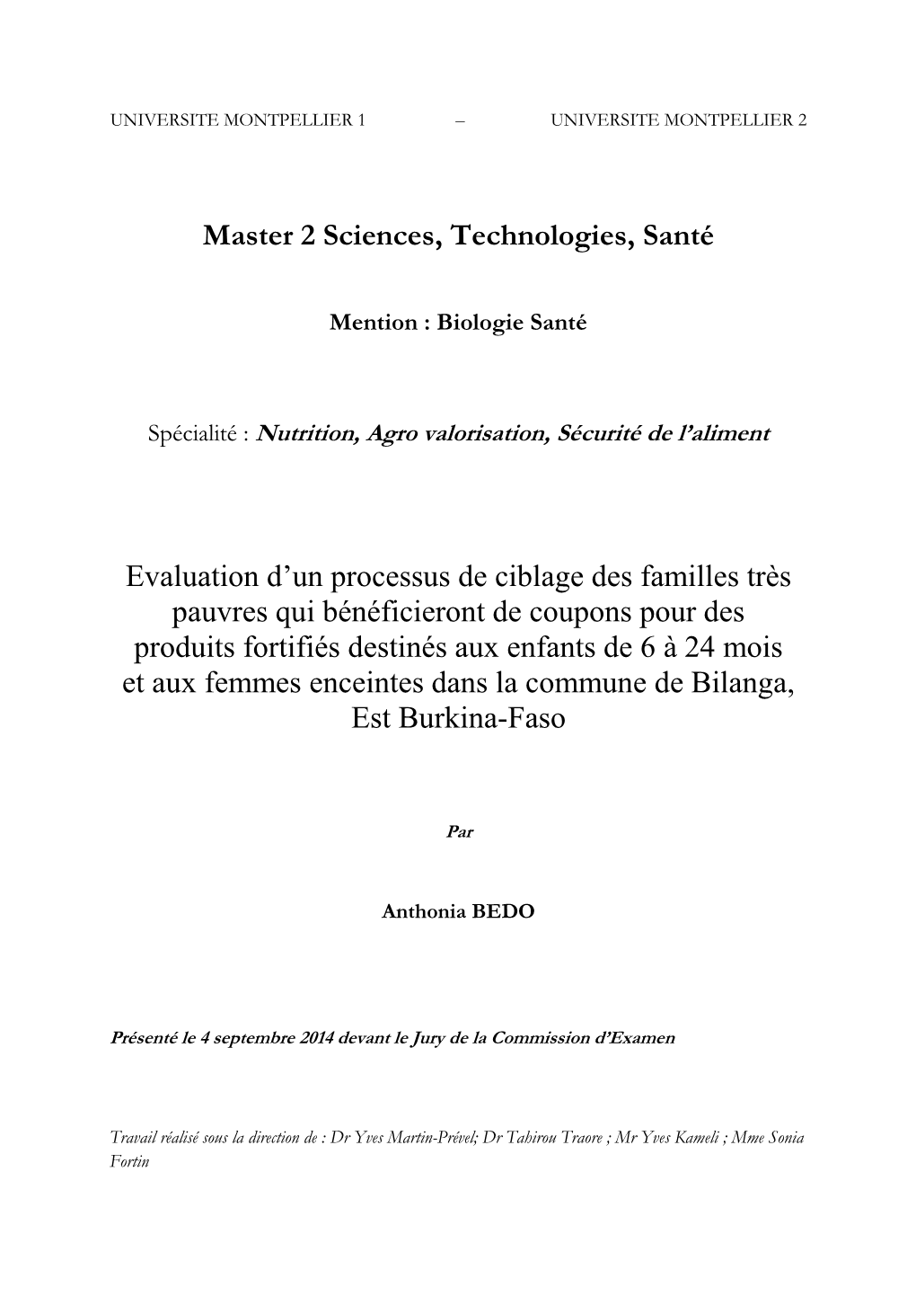 Master 2 Sciences, Technologies, Santé Evaluation D'un Processus De