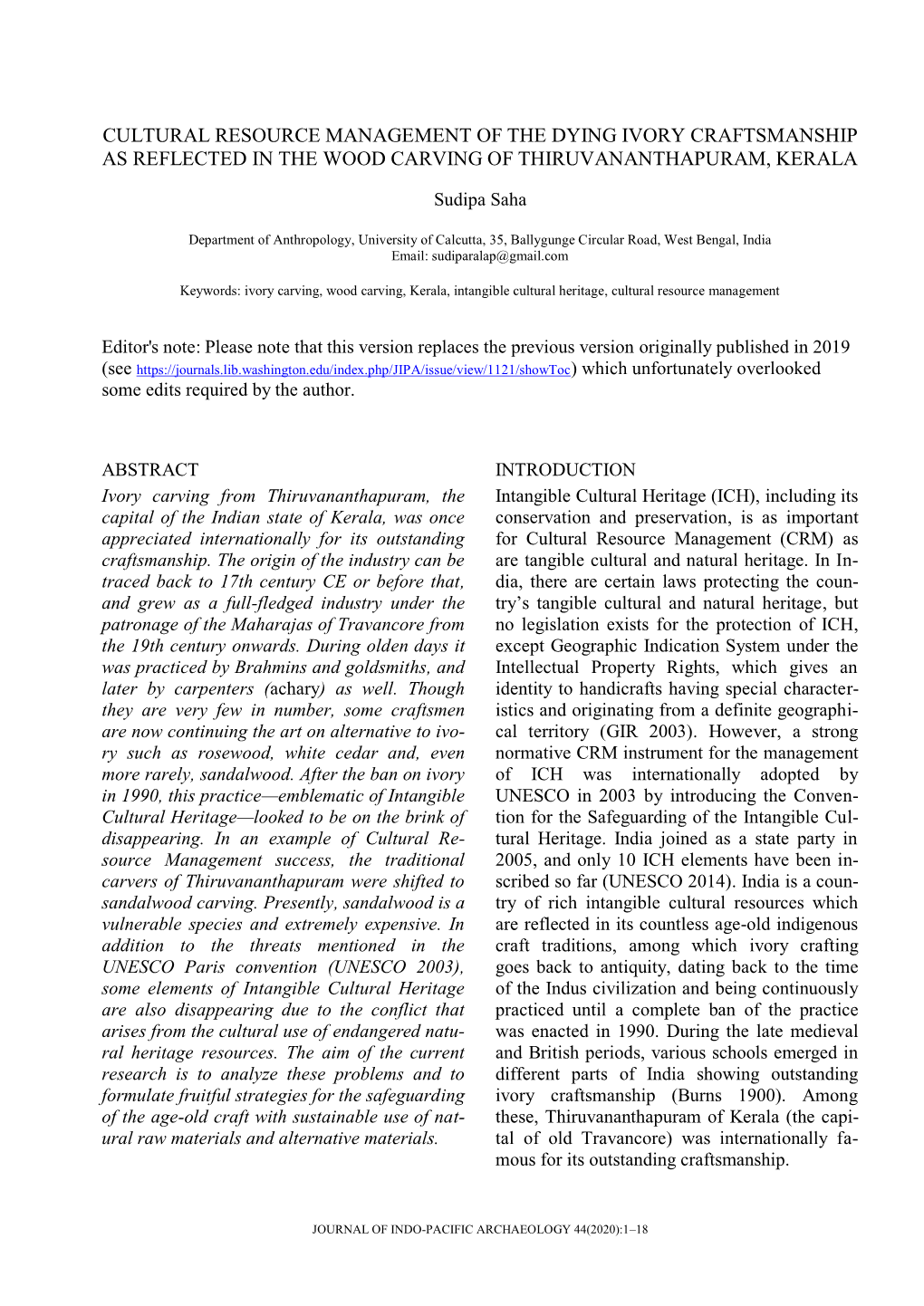 Cultural Resource Management of the Dying Ivory Craftsmanship As Reflected in the Wood Carving of Thiruvananthapuram, Kerala