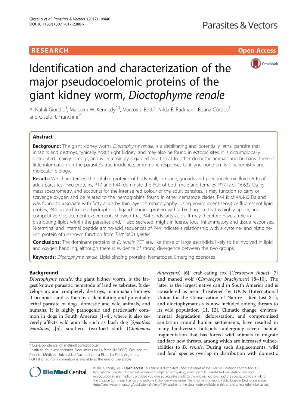 Identification and Characterization of the Major Pseudocoelomic Proteins of the Giant Kidney Worm, Dioctophyme Renale A