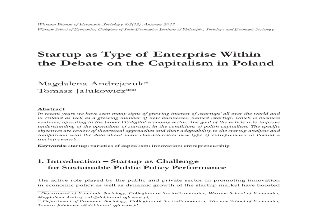 Startup As Type of Enterprise Within the Debate on the Capitalism in Poland