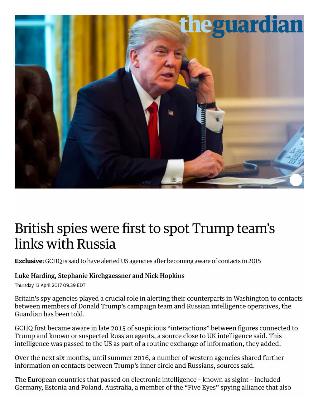 British Spies Were First to Spot Trump Team's Links with Russia