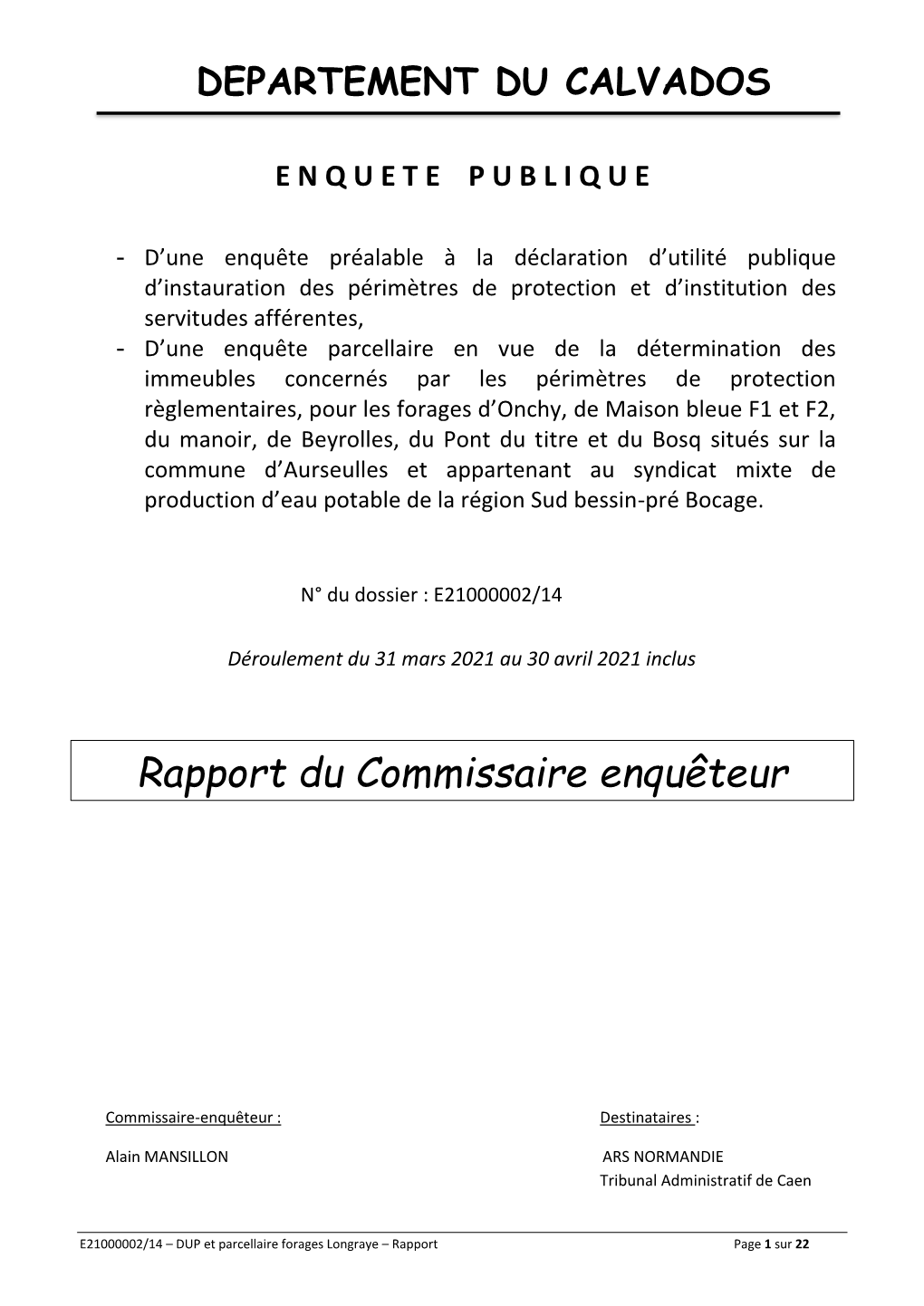 Rapport Du Commissaire Enqueteur Longraye