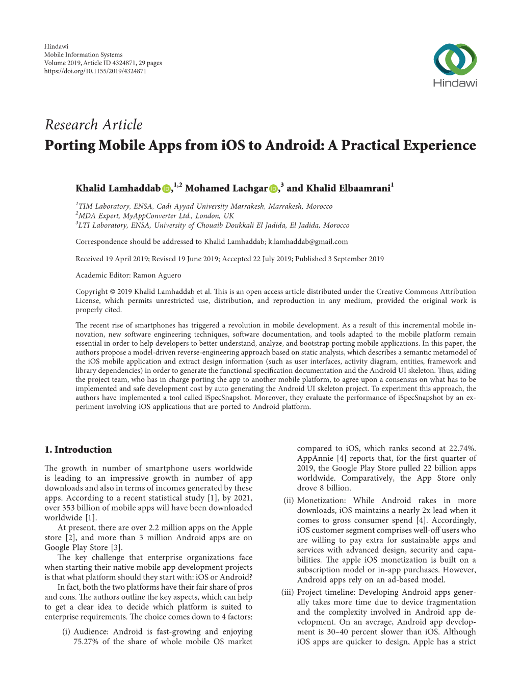 Research Article Porting Mobile Apps from Ios to Android: a Practical Experience