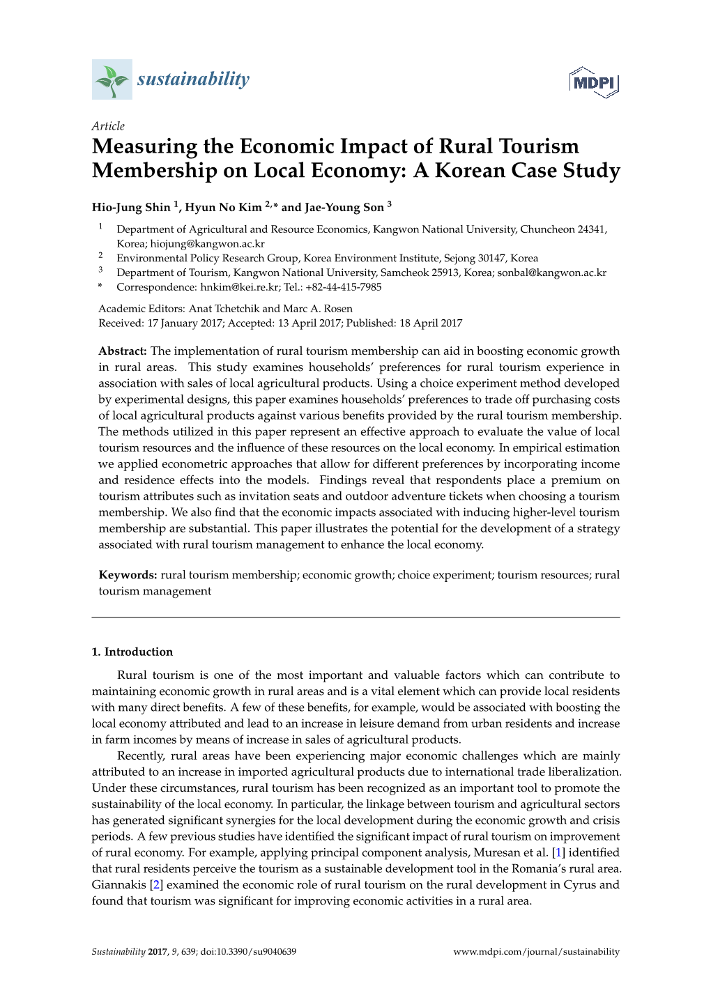 Measuring the Economic Impact of Rural Tourism Membership on Local Economy: a Korean Case Study