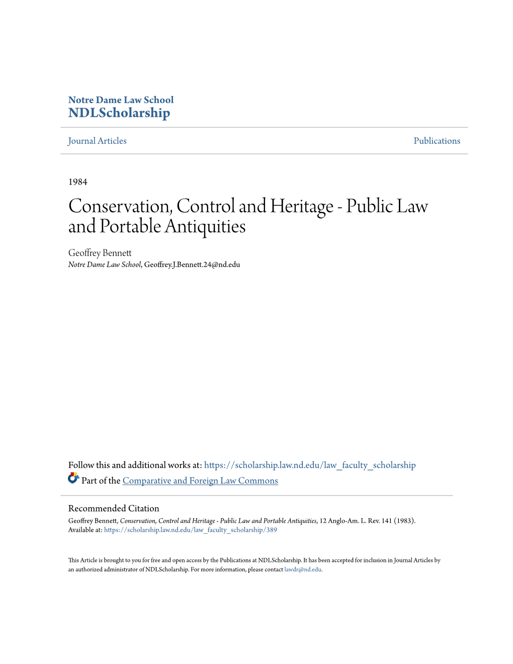 Public Law and Portable Antiquities Geoffrey Bennett Notre Dame Law School, Geoffrey.J.Bennett.24@Nd.Edu