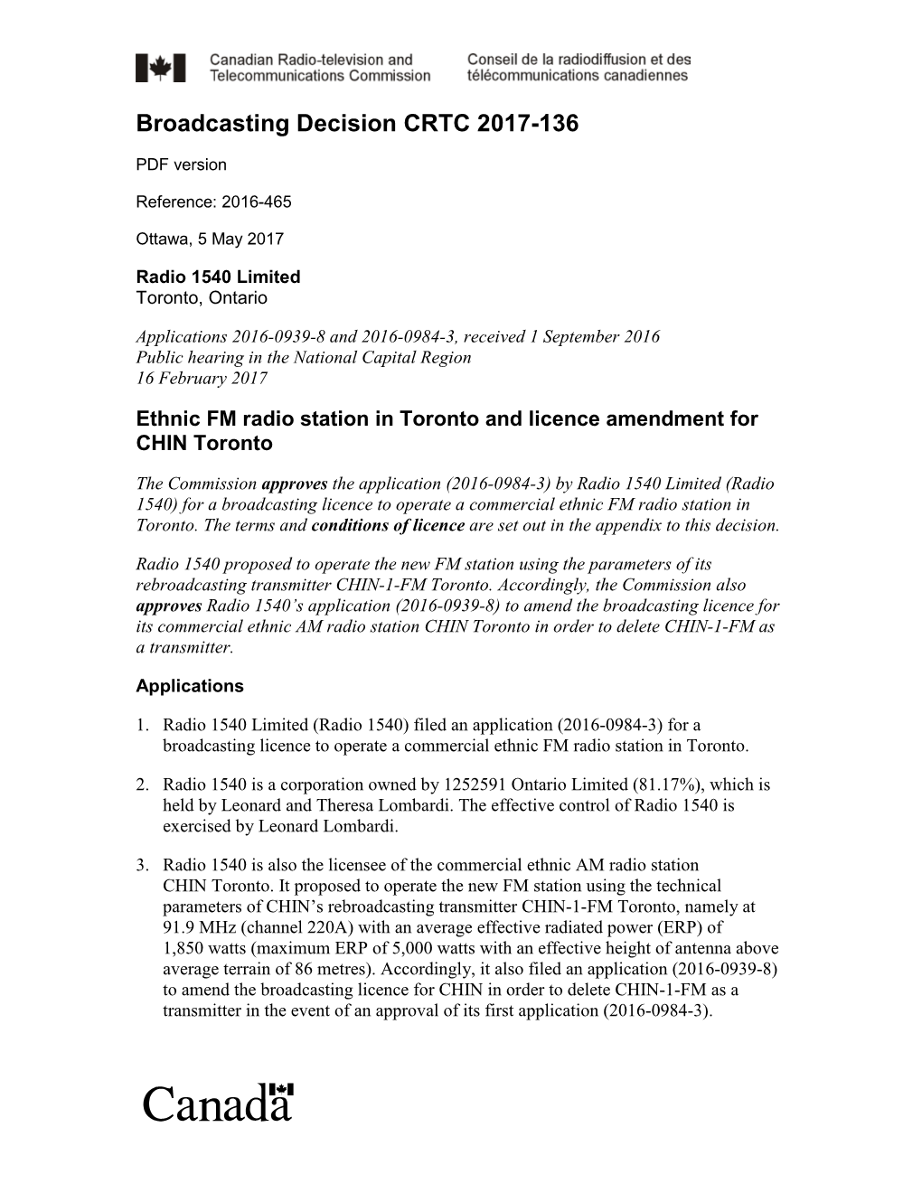 Ethnic FM Radio Station in Toronto and Licence Amendment for CHIN Toronto