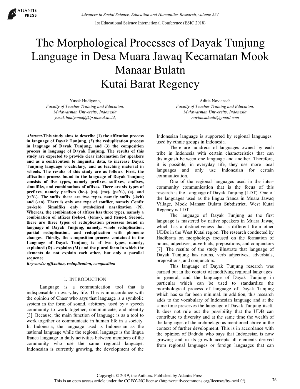 The Morphological Processes of Dayak Tunjung Language in Desa Muara Jawaq Kecamatan Mook Manaar Bulatn Kutai Barat Regency