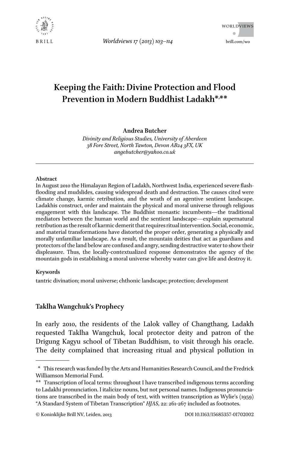 Keeping the Faith: Divine Protection and Flood Prevention in Modern Buddhist Ladakh*,**