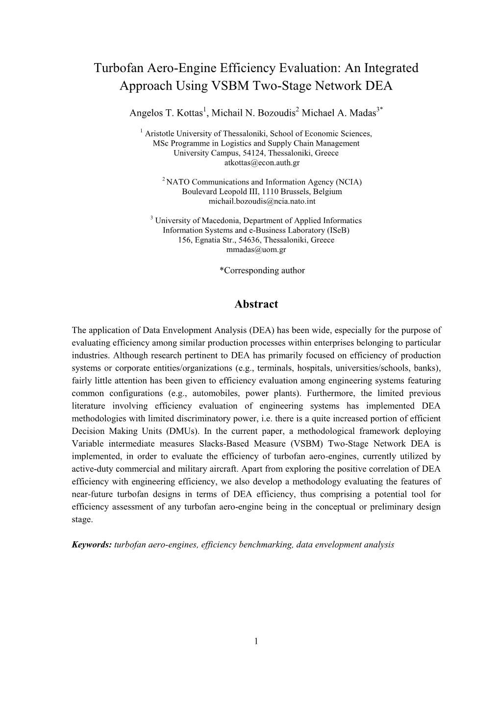 Turbofan Aero-Engine Efficiency Evaluation: an Integrated Approach Using VSBM Two-Stage Network DEA