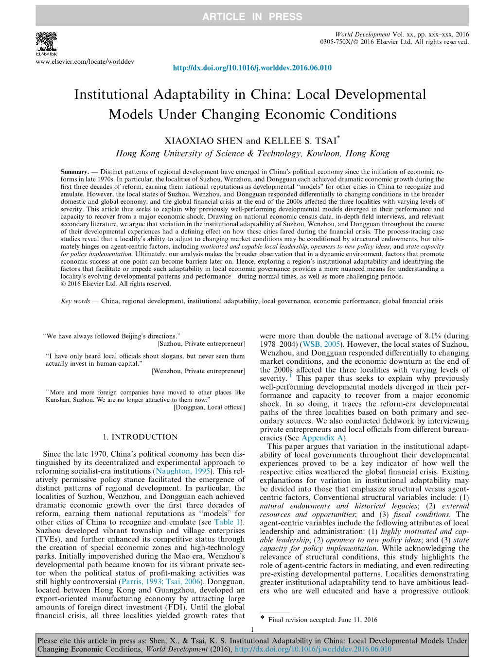 Local Developmental Models Under Changing Economic Conditions
