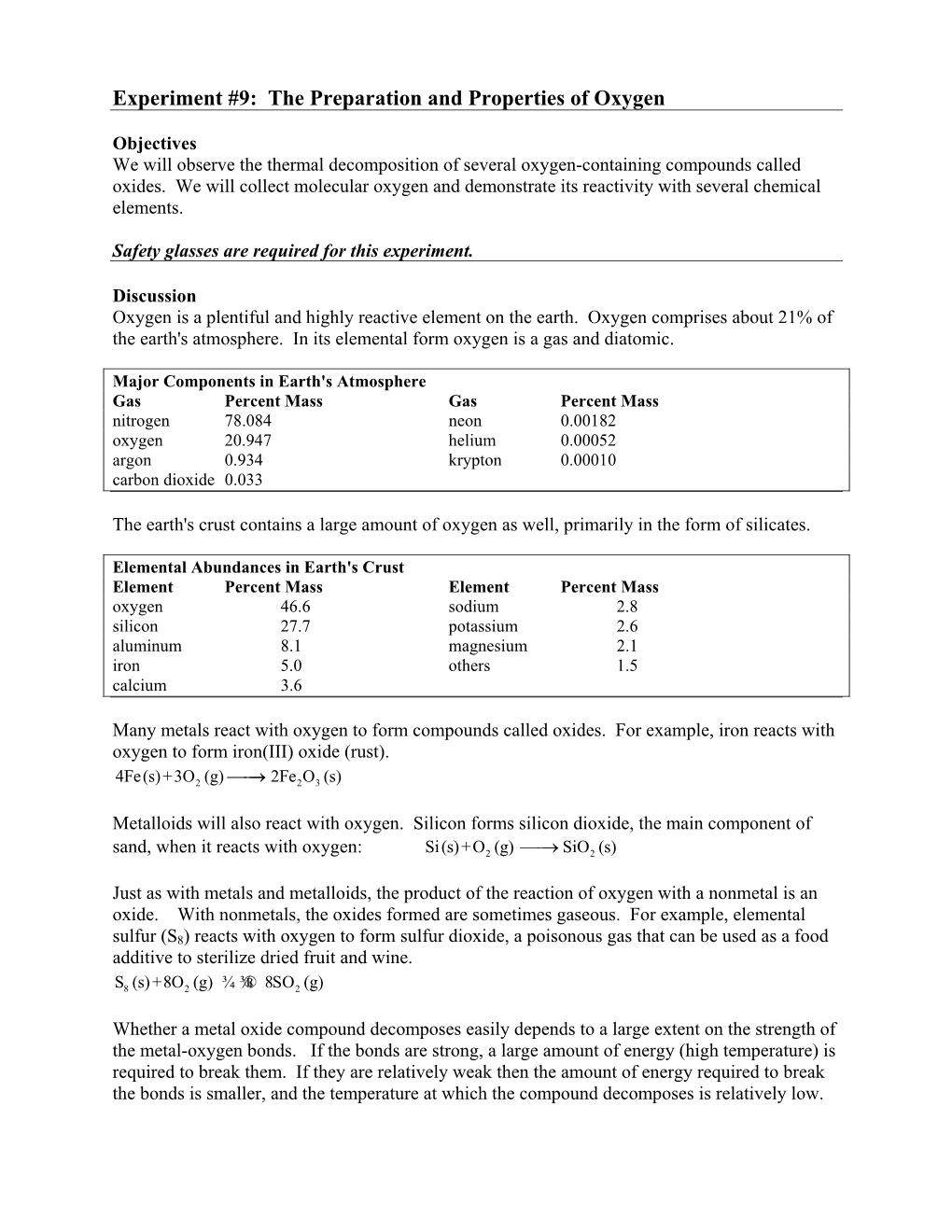 Experiment # 9 Properties of Oxygen (Pdf)